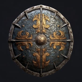 AI generated Rusty Medieval Shield with War Torn Effect Isolated on Black Background. Generative AI photo