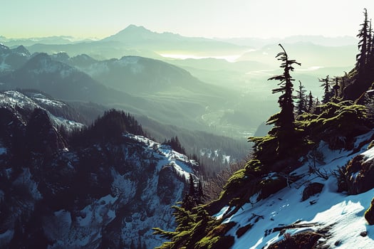 AI generated a serene winter scene showcasing a flowing waterfall amidst snow-covered red rocky cliffs and frosty trees. photo