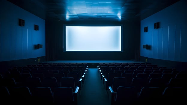 AI generated Empty cinema blue lights with empty white screen photo