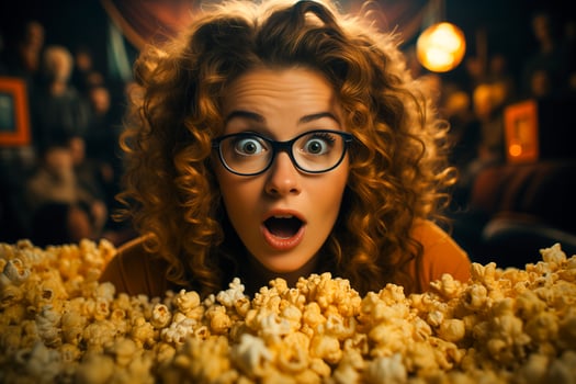 AI generated Excited young woman scared shocked or impressed holding a lot of huge bunch of popcorn. Enjoy watching horror movie or thriller in the cinema hall. photo