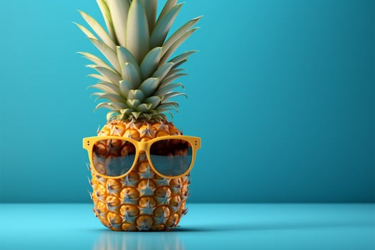 AI generated Sunny getaway Pineapple wearing sunglasses on a vibrant blue backdrop photo