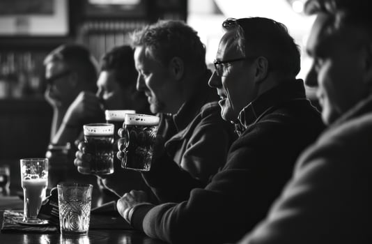 AI generated men drinking beers together in a pub photo