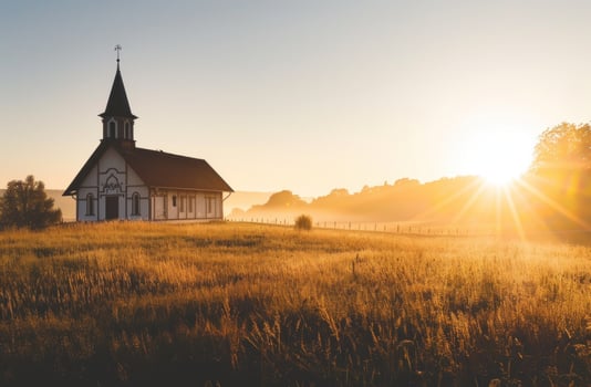 AI generated a church in a country field by the sun at sunrise photo