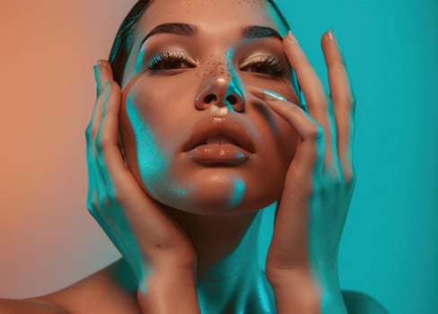 AI generated a woman with beautiful skin holding her hands photo