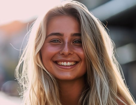 AI generated blonde girl posing, smiling to camera while smiling on grey background photo