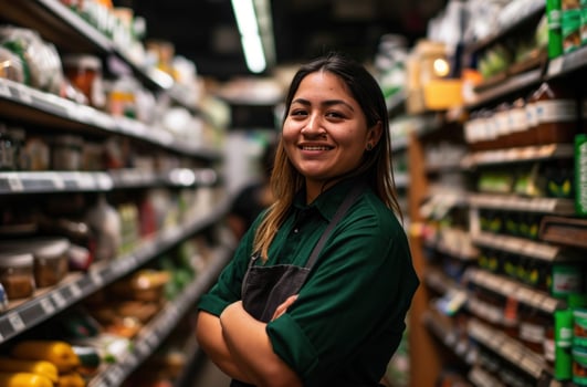 AI generated female store clerk standing with arms crossed in a market photo