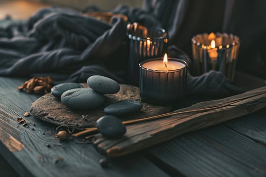 AI generated spa stones and candles on wooden table photo