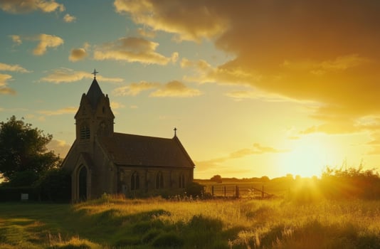 AI generated the sun is setting over a country church photo