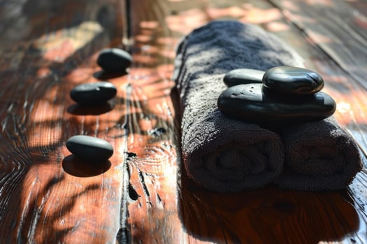 AI generated three wooden towels and black stones on a wooden table photo