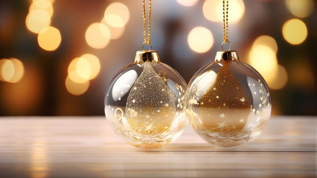 AI generated 3D rendering of glass Christmas bulbs with bokeh background, Christmas ornaments on Christmas tree with gold and white lights photo