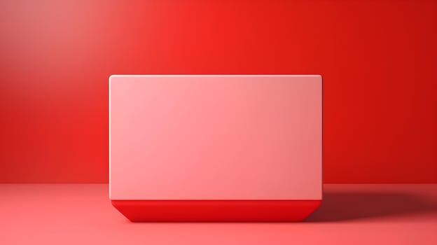 AI generated Cube podium on red background, geometric, cosmetic showcase, template, copy space, advertising, product display, 3D Rendering photo