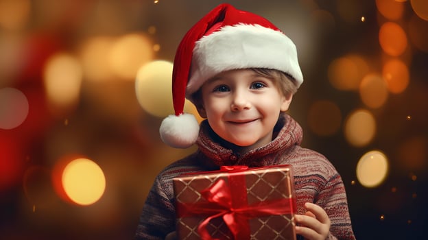AI generated Little boy holding a gift box on Christmas day with a background of atmosphere on the eve of Christmas celebrations, happy facial expression photo