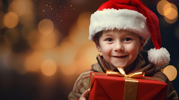 AI generated Little boy holding a gift box on Christmas day with a background of atmosphere on the eve of Christmas celebrations, happy facial expression photo