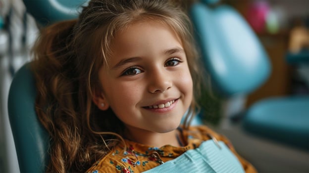 AI generated Portrait of a smiling young woman in a dental chair at the dentist photo