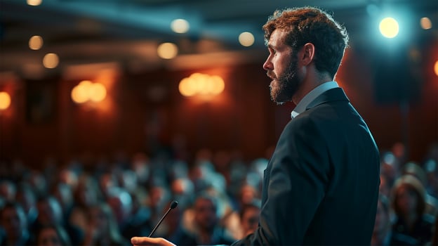 AI generated Speaker Giving a Talk at Business Conference. Audience in the conference hall. Business and Entrepreneurship. photo
