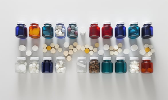 AI generated Colorful medical tablets in a bottle and near her on a dark background. View from the top. AI Generative photo