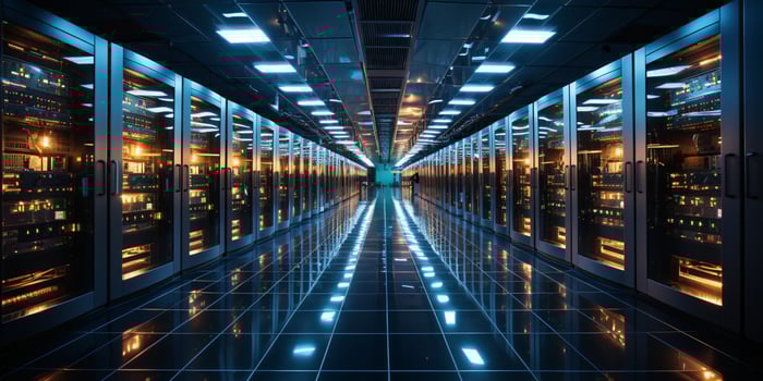 AI generated Data Center Background. Futuristic Server Room. Generative AI photo