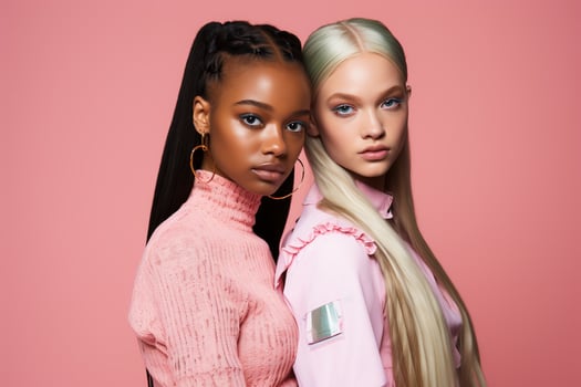 AI generated fashionable Two young multiracial women posing together isolated on pink background photo