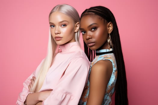 AI generated fashionable Two young multiracial women posing together isolated on pink background photo