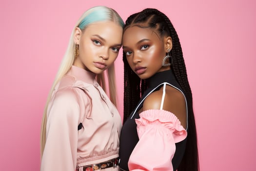 AI generated fashionable Two young multiracial women posing together isolated on pink background photo
