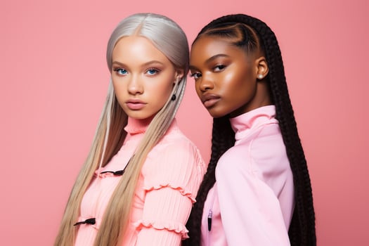 AI generated fashionable Two young multiracial women posing together isolated on pink background photo
