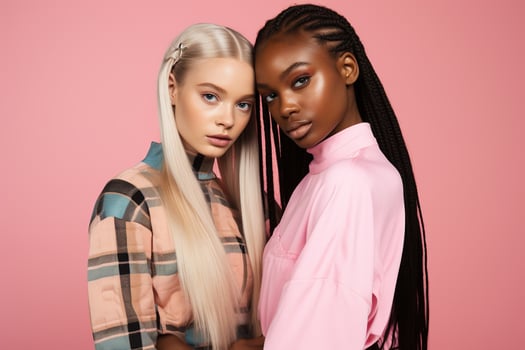 AI generated fashionable Two young multiracial women posing together isolated on pink background photo