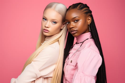 AI generated fashionable Two young multiracial women posing together isolated on pink background photo
