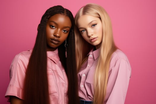 AI generated fashionable Two young multiracial women posing together isolated on pink background photo