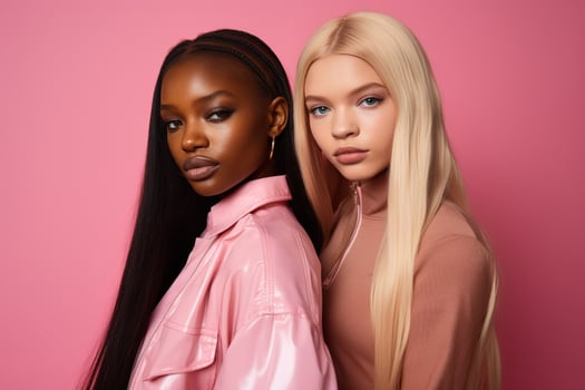AI generated fashionable Two young multiracial women posing together isolated on pink background photo