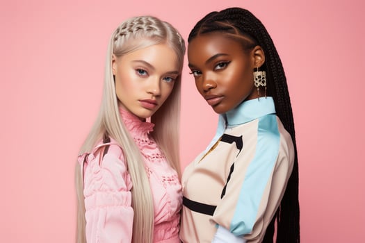 AI generated fashionable Two young multiracial women posing together isolated on pink background photo