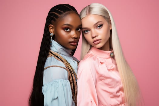 AI generated fashionable Two young multiracial women posing together isolated on pink background photo