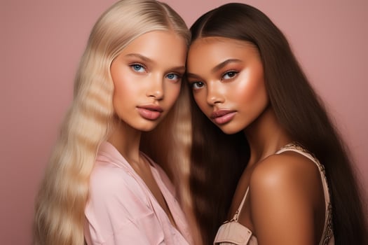 AI generated fashionable Two young multiracial women posing together isolated on pink background photo