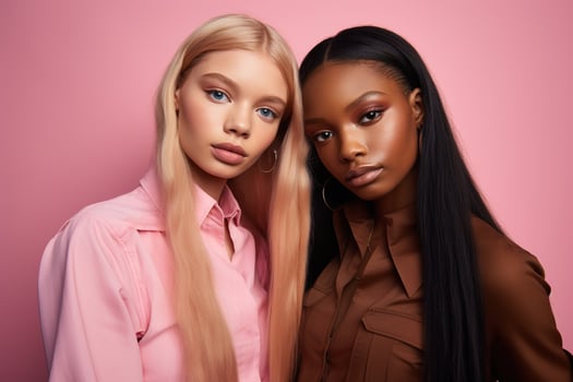 AI generated fashionable Two young multiracial women posing together isolated on pink background photo