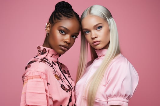 AI generated fashionable Two young multiracial women posing together isolated on pink background photo