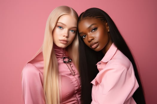 AI generated fashionable Two young multiracial women posing together isolated on pink background photo