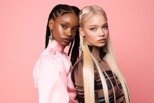 AI generated fashionable Two young multiracial women posing together isolated on pink background photo