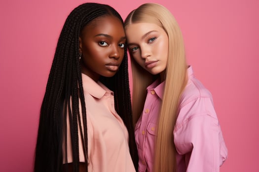 AI generated fashionable Two young multiracial women posing together isolated on pink background photo