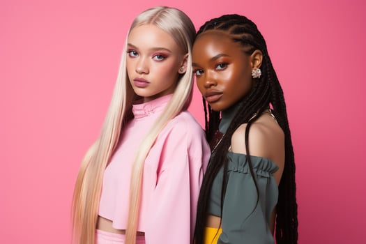 AI generated fashionable Two young multiracial women posing together isolated on pink background photo