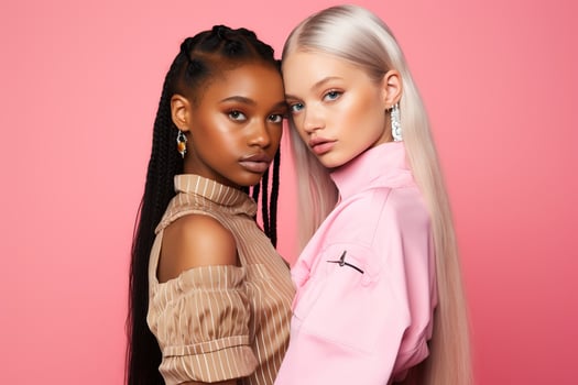 AI generated fashionable Two young multiracial women posing together isolated on pink background photo