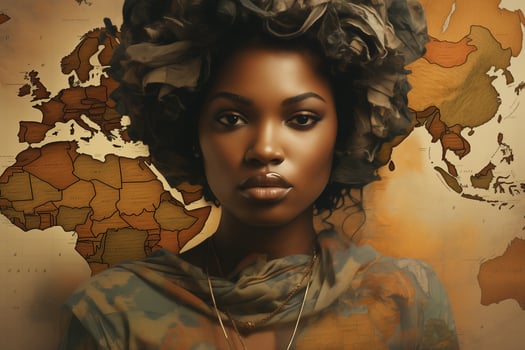 AI generated portrait of an african american woman with a map of africa in the background photo