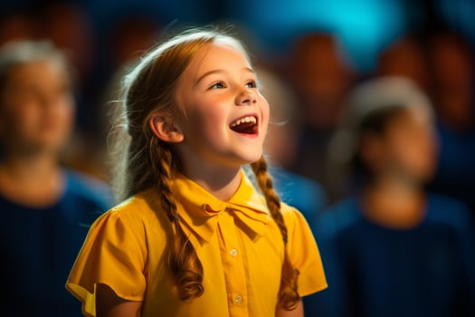 AI generated a young girl singing on the stage bokeh style background with Generated AI photo