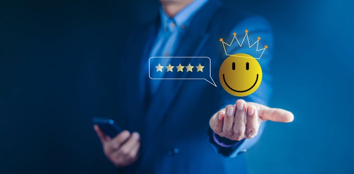 Customer Experience Concept, Best Excellent Services Rating for Satisfaction present by Hand of Client Showing excellent rating Five Star. Review, feedback, good, the best of product and service photo