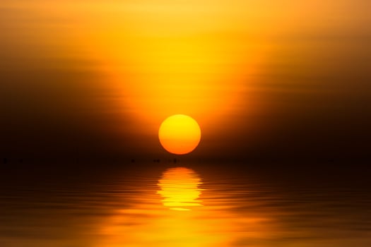 Big sunrise in golden hour at the lake. photo