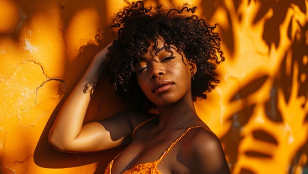 AI generated Beautiful african american woman in swimsuit on orange background. photo