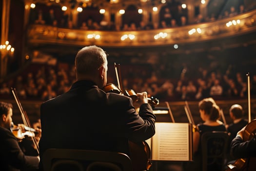 AI generated Rear view of a male conductor playing the violin in the concert hall photo