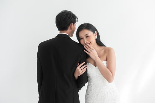 Couple of bride and groom enjoying romantic moments in wedding ceremony, Love, celebration and marriage. photo