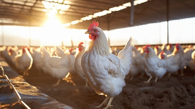 AI generated White chickens on a farm in the sun. The concept of breeding of poultry photo