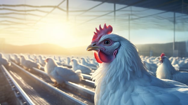 AI generated White chicken on a poultry farm in the sun. 3d rendering photo