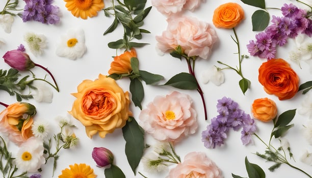 AI generated a variety of flowers are arranged on a white surface photo