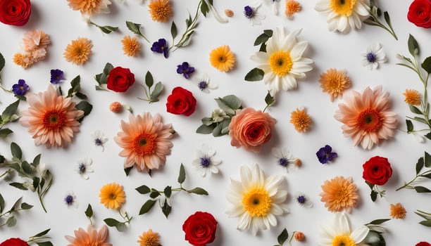 AI generated colorful flowers arranged on a white surface photo